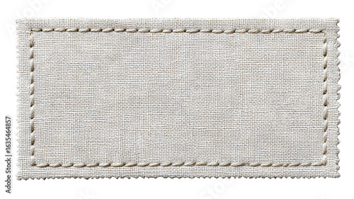 Rectangular fabric label with stitched border — minimalist eco-friendly textile tag mockup, blank cloth patch for branding and garment labeling, high-resolution isolated PNG on transparent background