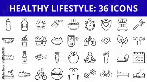 Healthy lifestyle icon set featuring fitness and nutrition symbols  