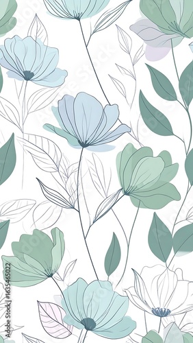 Wallpaper Mural Delicate, stylized floral pattern in pastel blues and greens on white background Torontodigital.ca