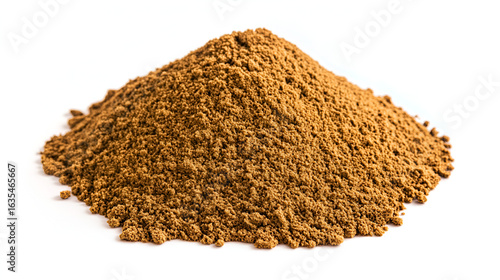 A conical pile of finely ground brown spice powder, like cinnamon or allspice, isolated on a white background.