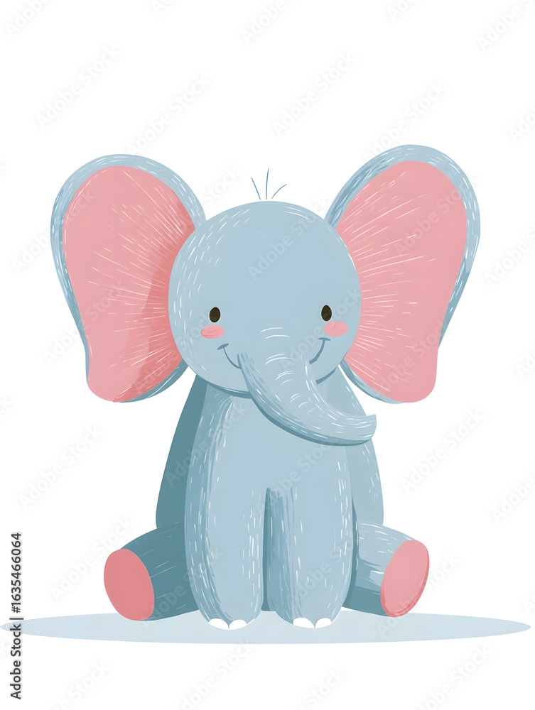Obraz premium Cute Cartoon Baby Elephant with Big Blue Ears - Nursery Illustration