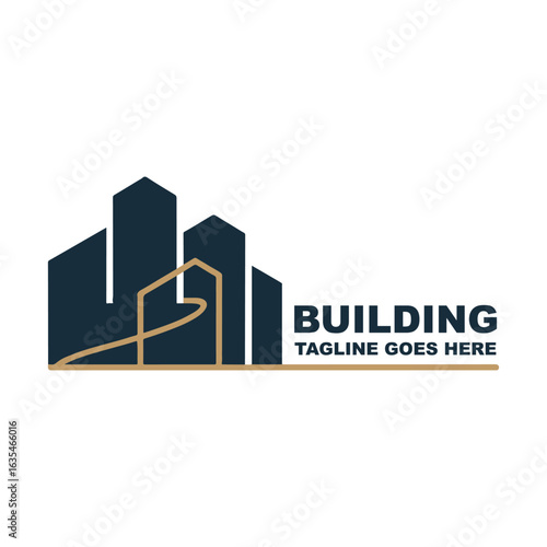 Modern building logo design with a golden swoosh for real estate, construction, or corporate identity vector illustration