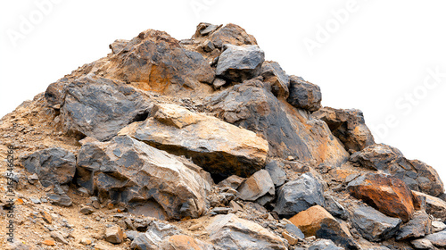 A large pile of jagged rocks and brown earth isolated on a white background.