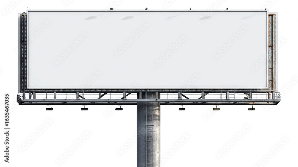 Obraz premium Blank white billboard on tall metal pole, isolated high-resolution PNG cutout with transparent background feel, clean outdoor advertising mockup template with copy space, freestanding signage