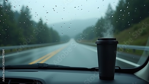 Rainy Window Roadtrip – A moody view from inside a car looking out through a rain-speckled window, with a blurred scenic highway and a travel mug in the foreground