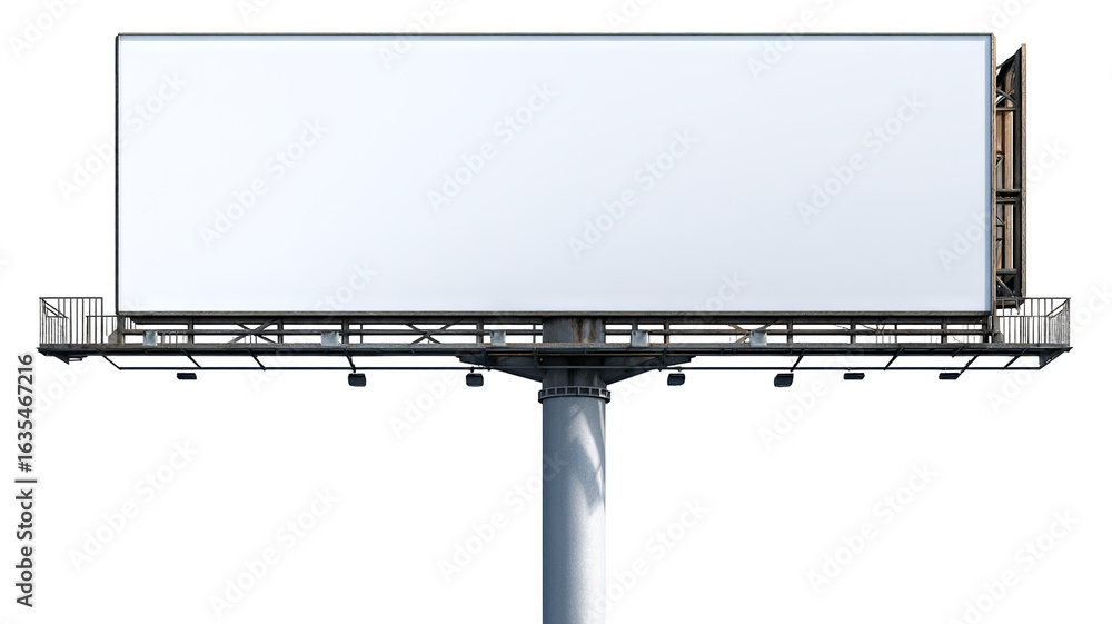 Obraz premium Blank white billboard on tall metal pole, isolated high-resolution PNG cutout with transparent background feel, clean outdoor advertising mockup template with copy space, freestanding signage