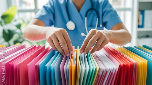 A medical professional in a clinic managing patient documentation. A nurse or doctor with a stethoscope organizing colorful files and records.