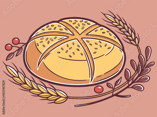 Round bread roll with golden crust and poppy seeds