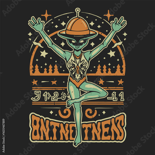 A groovy green alien performing a balancing yoga tree pose, a fun retro character design for wellness vector illustration