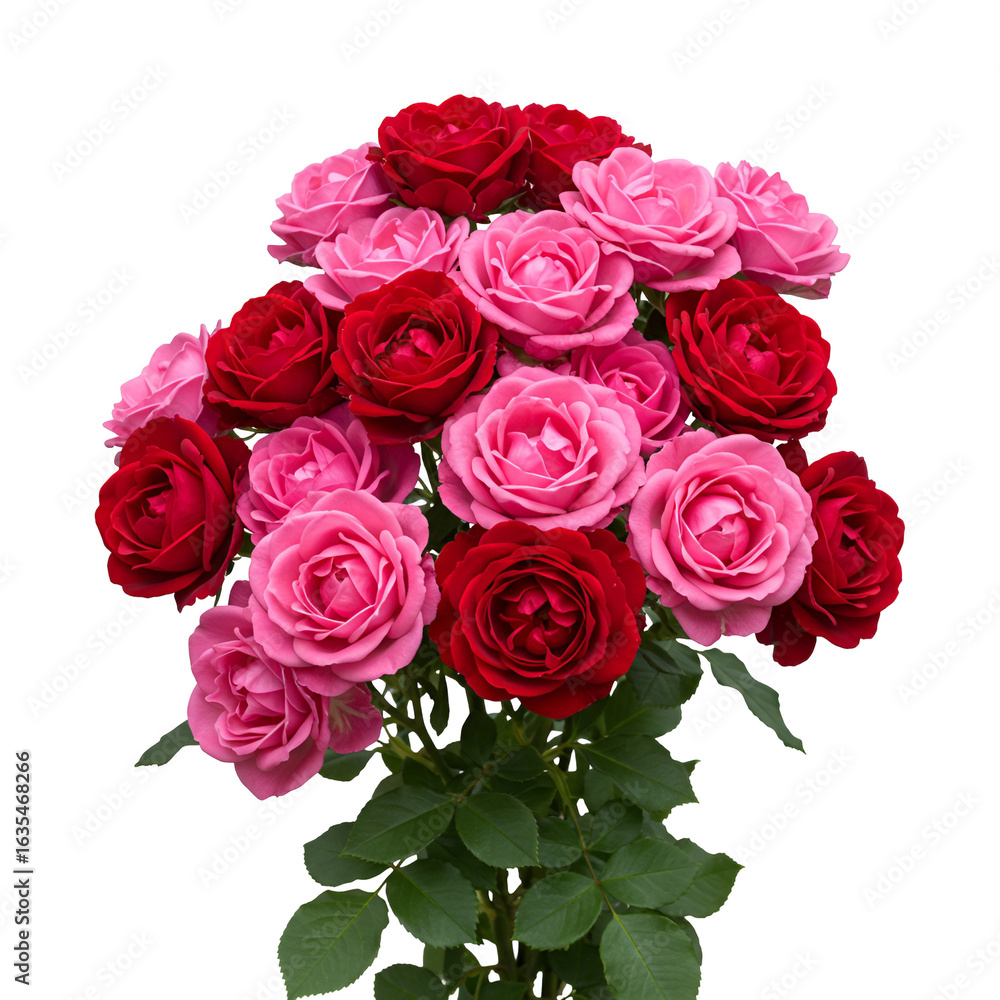Obraz premium Isolated Roses Bouquet in Shades Of Red and Pink with Green Leaves