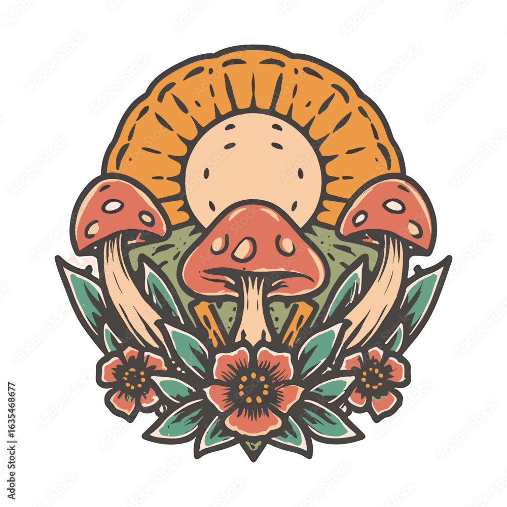 Naklejka premium A vibrant and psychedelic illustration of magic mushrooms and flowers under a retro sun, groovy 70s art vector illustration