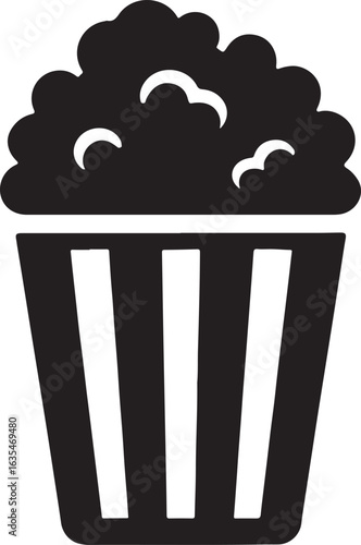Silhouette vector of popcorn bucket filled with popcorn, symbolizing movie snacks and cinema enjoyment.