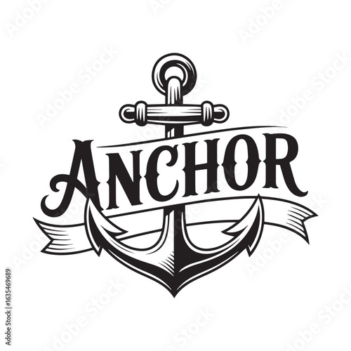 A classic black and white nautical anchor with a ribbon, a traditional vintage sailor tattoo style vector illustration