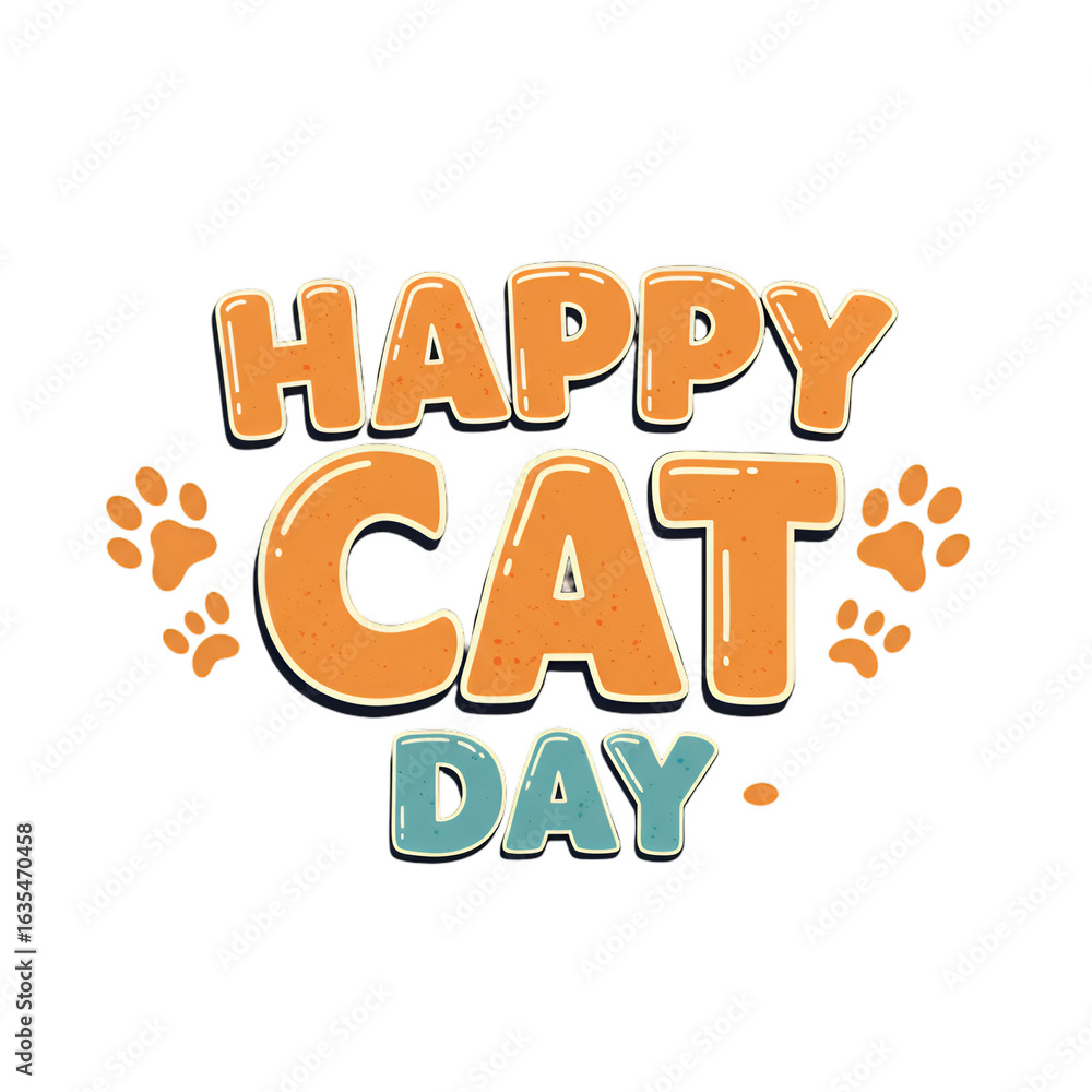 Obraz premium Happy Cat Day Illustration With Orange Text And Paw Prints