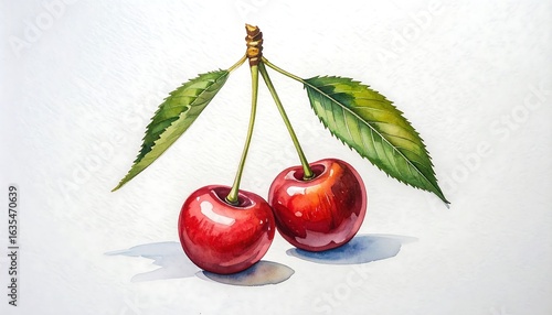 Vibrant watercolor painting showcasing the freshness of two ripe cherries