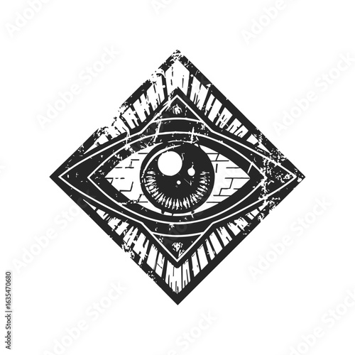 A grunge, textured All-Seeing Eye of Providence inside a diamond shape, an esoteric masonic symbol vector illustration