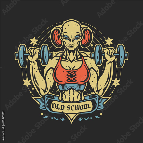 A strong alien woman with four arms lifting dumbbells, an old school retro gym and fitness mascot vector illustration