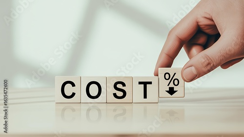 Hand flips a wooden cube with a percentage and down arrow symbol next to the word COST. Concept of cost reduction and expense management.