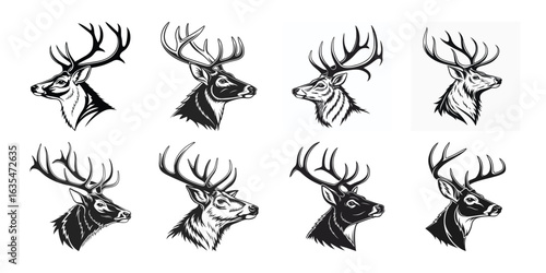 Stunning Stag Heads Monochrome Antler Portraits Black and white illustration, deer head silhouette, majestic antlers, minimalist design, elegant profile, stylized wildlife art, sharp contrast, vector
