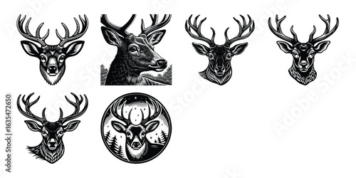 Stunning Stag Heads Monochrome Antler Portraits Black and white illustration, deer head silhouette, majestic antlers, minimalist design, elegant profile, stylized wildlife art, sharp contrast, vector