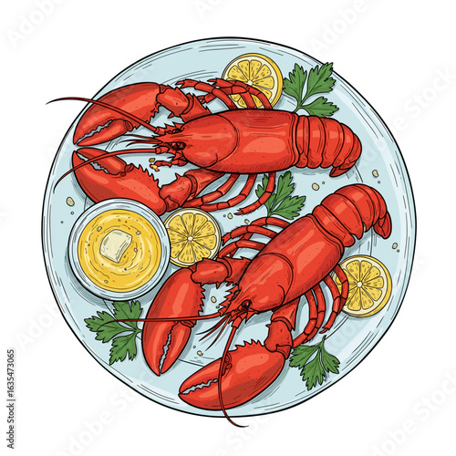 Two red lobsters on a plate with lemon slices and butter  