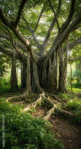 Majestic Banyan Tree With Exposed Roots in Lush Green Forest