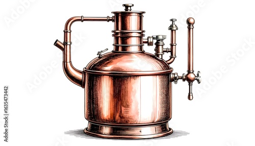 Detailed illustration of a copper still, showing its intricate pipes and valves