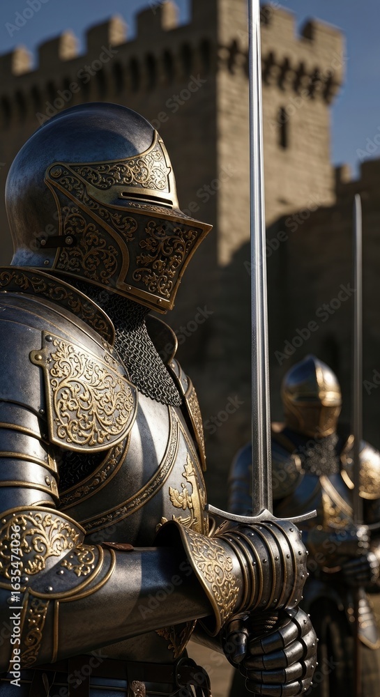 Fototapeta premium Medieval Knights in Full Armor with Swords metal