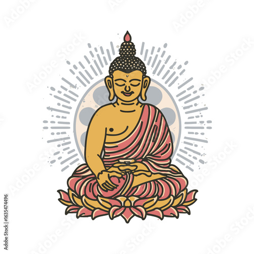 A serene, meditating Buddha sitting on a lotus flower with radiating light, a spiritual symbol of enlightenment vector illustration