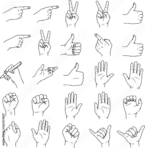 Collection of hand gestures drawn in sketchy line art style