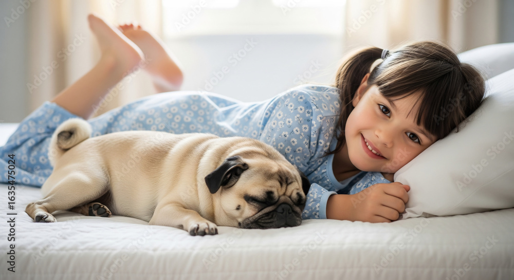 Portrait of a smiling young girl in pajamas lying next to her sleeping pug dog on a cozy white bed. Portrait of a smiling young girl in pajamas lying next to her sleeping pug dog on a cozy white bed.