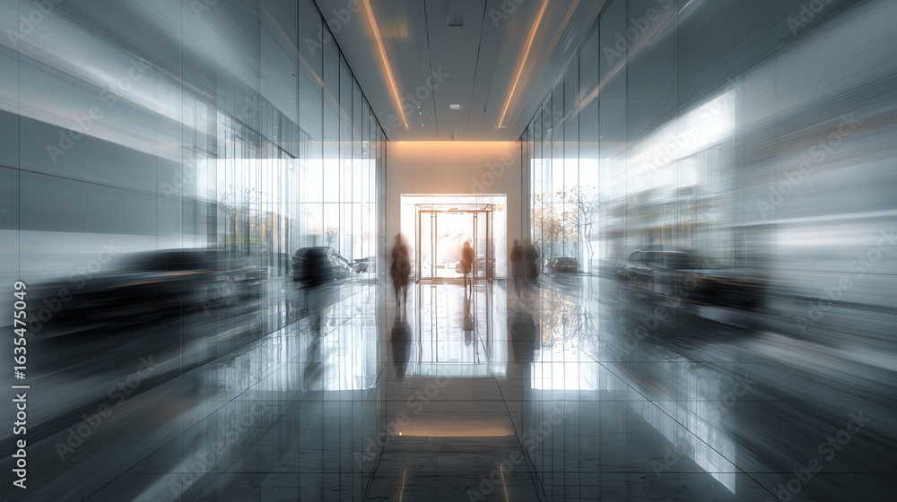 Obraz premium Motion blur effect in a corporate lobby with glass walls Business background.