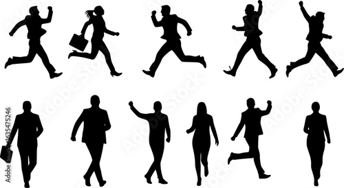 Silhouettes of business people running, jumping, winning full length front, side view. Vector black monochrome outline illustration isolated on transparent background . Avatar, icons for website.