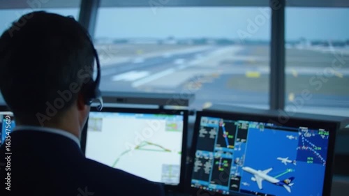 Air Traffic Controller Monitoring Multiple Screens in High-Rise Tower