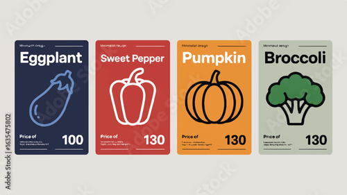 Minimalist graphic cards featuring eggplant sweet pepper pumpkin broccoli and prices vegetable