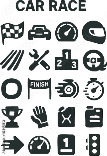 A set of car race and motorsport silhouette icons, featuring racing flag, sports car, speedometer, helmet, race track, repair tools, podium, steering wheel, finish line, brake, stopwatch, trophy.