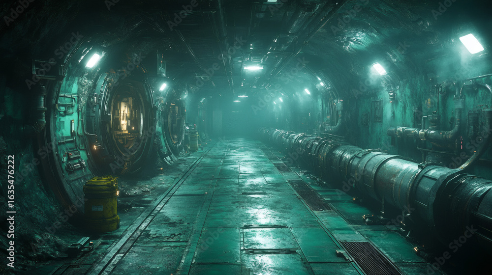 Fototapeta premium Visualize a cold metallic pipe system in a gloomy atmosphere