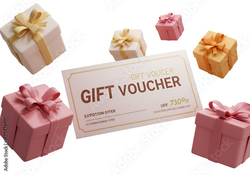 Isolated 3D Rendered Gift Boxes And Gift Voucher Card On Transparent Background