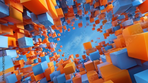 Fototapeta Naklejka Na Ścianę i Meble -  Vibrant orange and blue blocks creating a 3D digital explosion Business background.