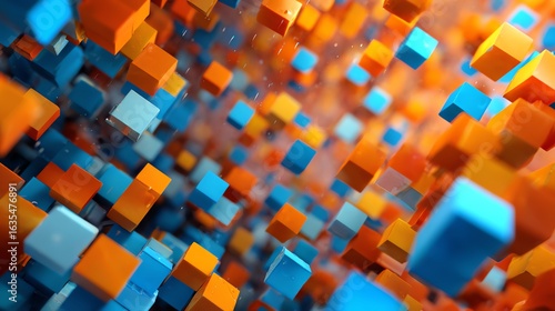 Fototapeta Naklejka Na Ścianę i Meble -  Vibrant orange and blue blocks creating a 3D digital explosion Business background.