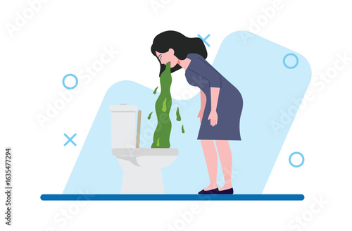 Nauseous Woman Vomiting Green Liquid into Toilet Bowl