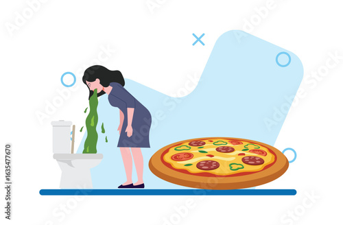 Sick Woman Vomiting Green Liquid after Eating Large Pepperoni Pizza