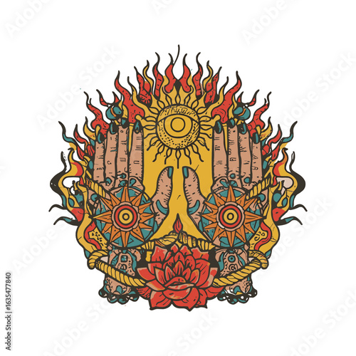 A mystical and ornate flaming sun symbol held by hands with flowers in a beautiful, spiritual tattoo vector illustration