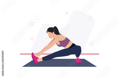 Sporty Woman Stretching Leg in Purple Top on Dark Mat