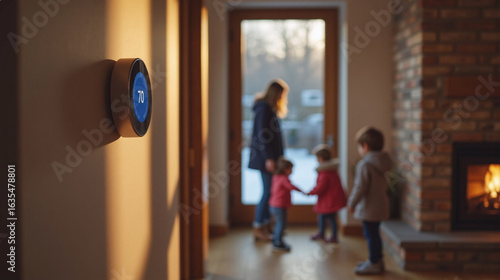 Modern Home Hallway with Wall-Mounted Smart Thermostat and Family by the Fireplace