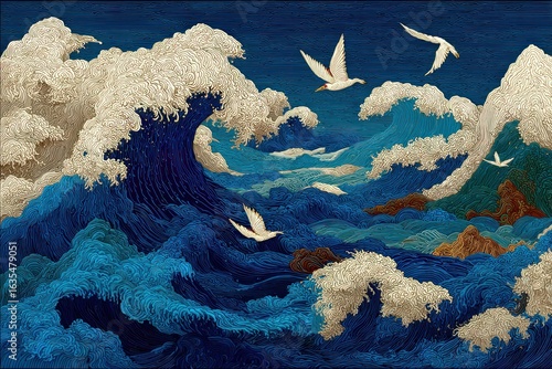 White line art of the sea in flat vector style on dark navy blue background, inspired by traditional Japanese pattern, with high resolution, sharp detail, clean composition, and white frame border.