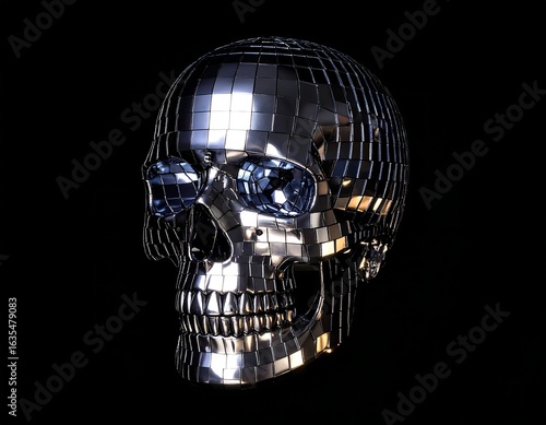 Chrome skull, mirrored facets, dark background