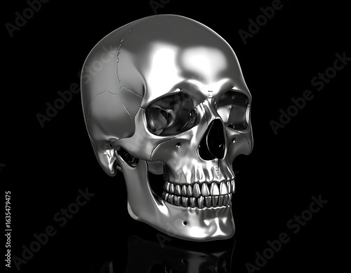 Chrome skull, three-quarter view, reflective surface, black background