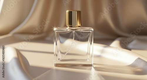 Elegant perfume bottle on beige fabric