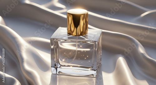Elegant square glass perfume bottle on fabric background